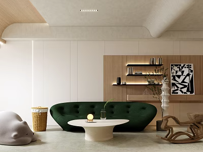 Modern Living Dining Room Interior Design With Light Green Sofa And Round White Coffee Table 3d model