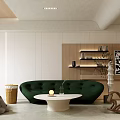 Modern Living Dining Room Interior Design With Light Green Sofa And Round White Coffee Table