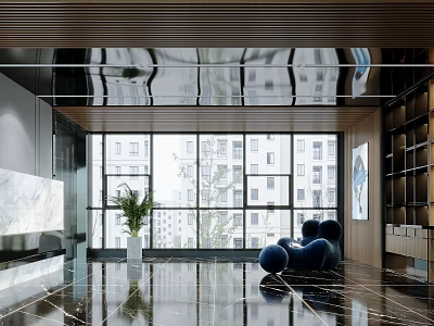 Modern Front Desk Reception With Large Windows Blue Sofa Green Plant And Marble Floor 3d model