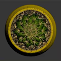 Green Spiny Cactus in Yellow Speckled Footed Pot against Dark Background
