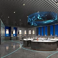 Art Exhibition Hall With Display Cabinets Blue Backdrop Walls And Circular Ceiling Decoration