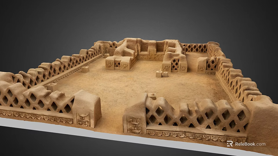 Ancient Architectural Model With Square Structure Lattice Railings And Divided Sections 3d model