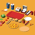 Assorted Fast Food With Hamburgers Fries Pizza Hotdogs Drinks Containers Plates And Condiments