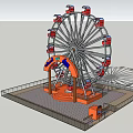 Amusement Ferris Wheel With Red Cabins Orange Arch Blue Decorations Metal Frame And Fenced Area