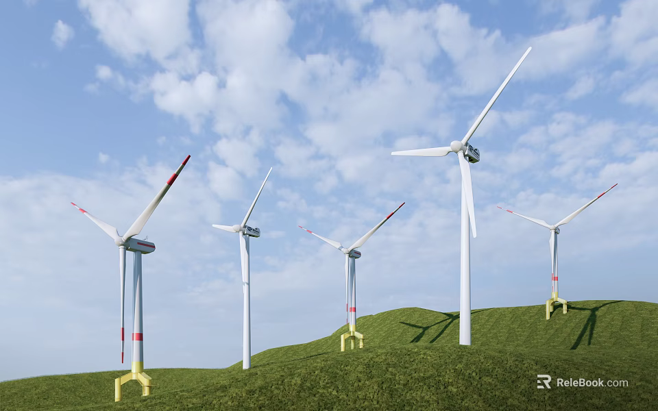 Multiple Industrial Wind Turbines Standing on Green Hills Under Blue Sky With White Clouds 3d model 
