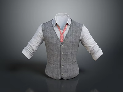 Fashionable Gray Vest Outfit With White Shirt Red Checkered Tie And Rolled Up Cuffs 3d model