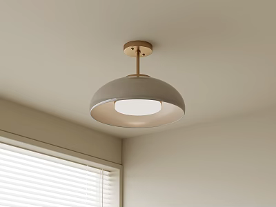 Modern Dome Shaped Ceiling Light Gray Shade Brass Base In Room Corner With Window Blinds 3d model