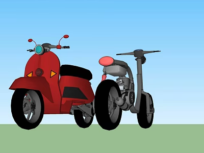 Red and Black Motorcycles in Cartoon Style Outdoor Setting Side by Side 3d model