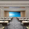 Modern Conference Room Interior Design With Long Tables Chairs Bottled Water Notebooks And Large Screen