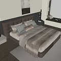 Modern Bedroom Interior With Upholstered Headboard Plush Pillows Throw Blanket Nightstand Lamp And Area Rug