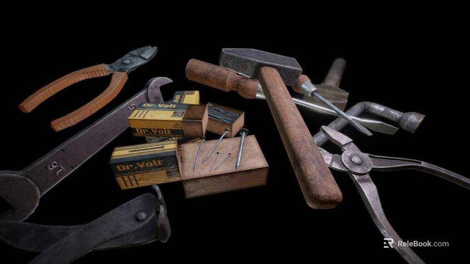 Assorted Hardware Tools Including Pliers Hammer Nails And Tape Measure For Home Repair 3d model 