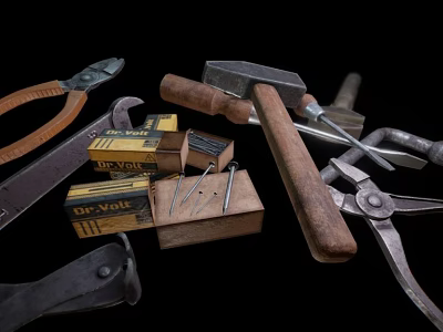 Assorted Hardware Tools Including Pliers Hammer Nails And Tape Measure For Home Repair 3d model