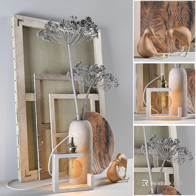 Modern Decorative Ornament Collection With Ceramic Vase Wooden Sculptures Frame And Plant Accents 3d model 