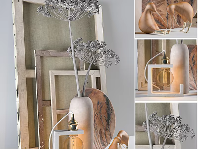 Modern Decorative Ornament Collection With Ceramic Vase Wooden Sculptures Frame And Plant Accents 3d model
