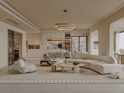 Modern Living and Dining Room Design With Beige Sofa Dining Table And Chandelier 3d model