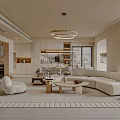 Modern Living and Dining Room Design With Beige Sofa Dining Table And Chandelier