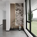 Modern Entryway Hallway With Marble Accent Wall Wooden Panel Window Blinds And Green Plant Decorations