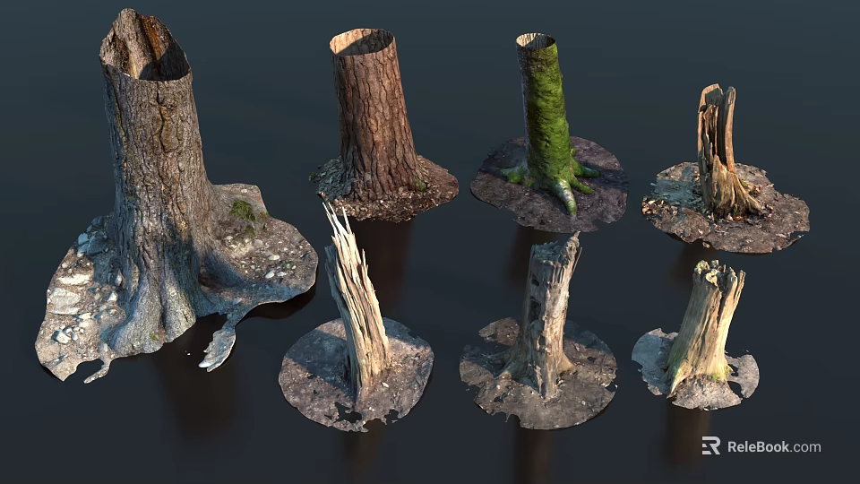 Various Natural Tree Stumps With Moss And Rough Wood Textures For Decor Design 3d model 