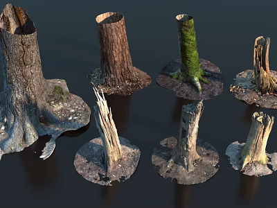 Various Natural Tree Stumps With Moss And Rough Wood Textures For Decor Design 3d model