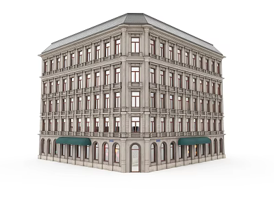 European Style Building With Multi Story Structure Classical Windows Green Awnings And Arched Doors 3d model