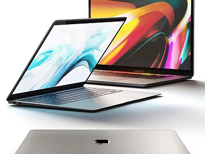 Two Sleek Silver Laptops With Open Vibrant Screens And Apple Logo Design 3d model