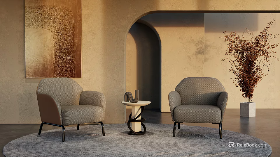 Modern Gray Armchairs In Living Room With Coffee Table Rug Wall Art And Arch Design 3d model 