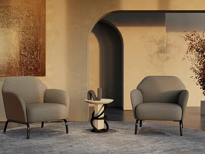 Modern Gray Armchairs In Living Room With Coffee Table Rug Wall Art And Arch Design 3d model