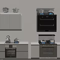 Modern Kitchen Interior With Cabinets Stove Oven Kettle Pots And Appliances