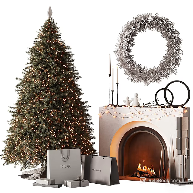 Christmas Decorative Cabinet With Wreath String Lights Candles And Gifts 3d model 