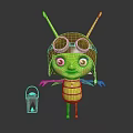 Cute Green Cartoon Creature Wearing Pilot Helmet and Goggles Standing Beside Small Suitcase