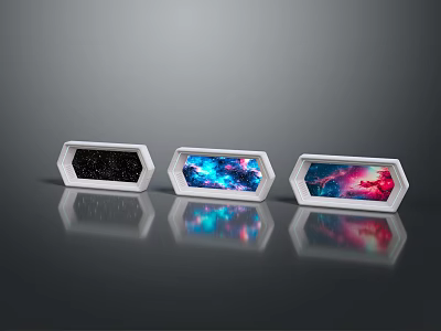 Space Themed Hexagonal Display Frames With Cosmic Nebula Starry Patterns And Reflections 3d model