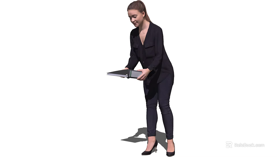 Professional Businesswoman In Black Suit Holding Digital Tablet For Work Tasks 3d model 