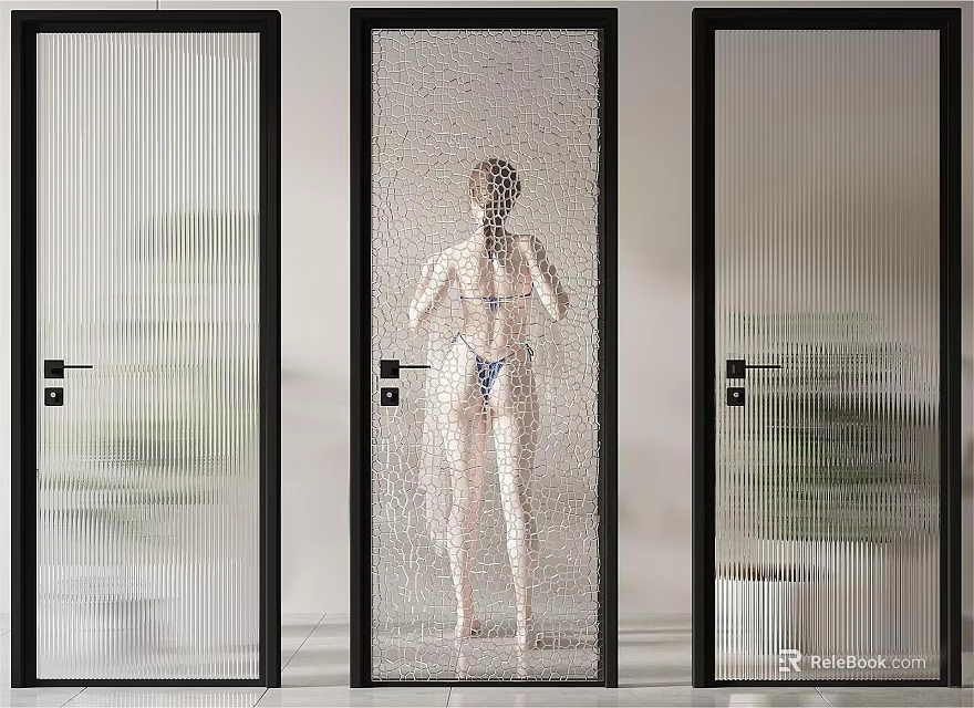 Modern Glass Shower Doors With Vertical Stripes And Woman In Background 3d model 