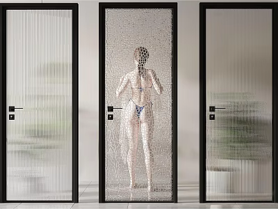 Modern Glass Shower Doors With Vertical Stripes And Woman In Background 3d model