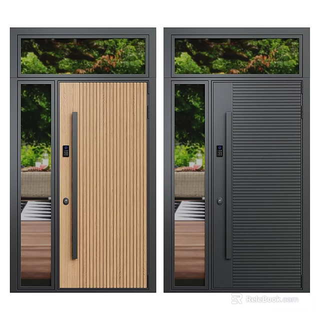 Modern Front Door Design Featuring Wooden And Black Vertical Slats Outdoor Greenery 3d model 