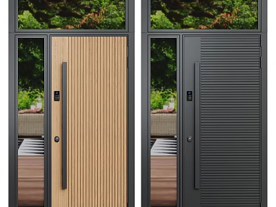Modern Front Door Design Featuring Wooden And Black Vertical Slats Outdoor Greenery 3d model