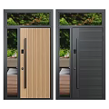 Modern Front Door Design Featuring Wooden And Black Vertical Slats Outdoor Greenery