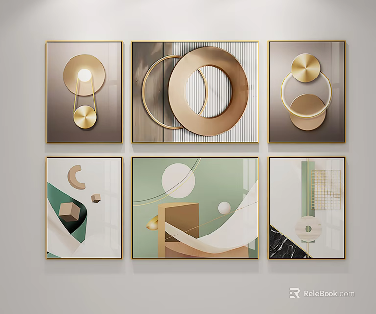 Modern Abstract Wall Decor With Geometric Shapes Gold Accents And Framed Paintings 3d model 