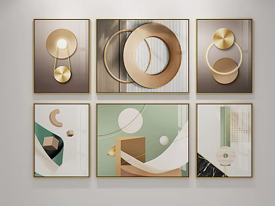 Modern Abstract Wall Decor With Geometric Shapes Gold Accents And Framed Paintings 3d model