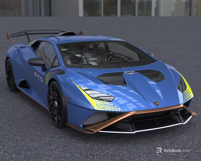 Blue Supercar With Rear Spoiler Yellow Headlights And Sporty Exterior Design 3d model 