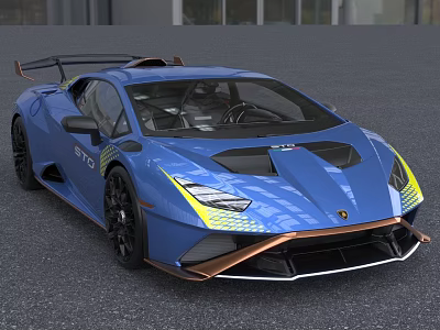 Blue Supercar With Rear Spoiler Yellow Headlights And Sporty Exterior Design 3d model