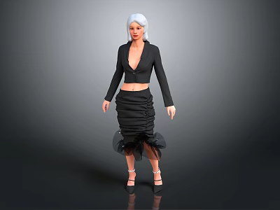 Woman with white hair wearing black deep V top and ruffled skirt in gray background 3d model