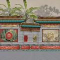 Chinese Traditional Scenic Wall With Red Gold Fu Character And Traditional Carvings