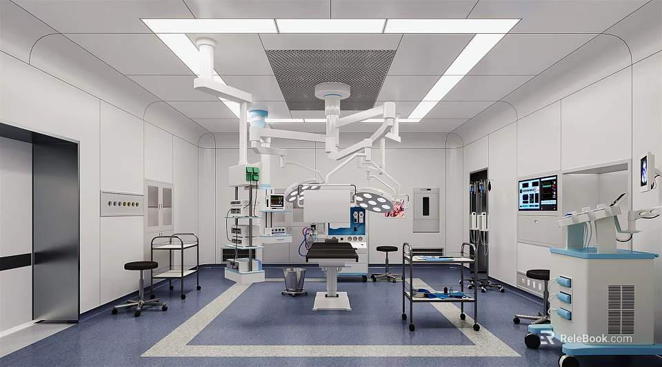 Sterile Operating Room Interior With Surgical Lights Medical Equipment And Operating Table 3d model 