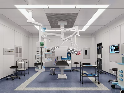 Sterile Operating Room Interior With Surgical Lights Medical Equipment And Operating Table 3d model