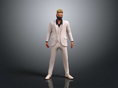 Game Movie Character in White Suit with Black Mask Blonde Hair 3D Standing Gray Background 3d model