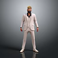 Game Movie Character in White Suit with Black Mask Blonde Hair 3D Standing Gray Background
