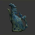 Sculpture Carving Of Phoenix Shaped Artwork With Blue Green Hue And Swirling Feathers