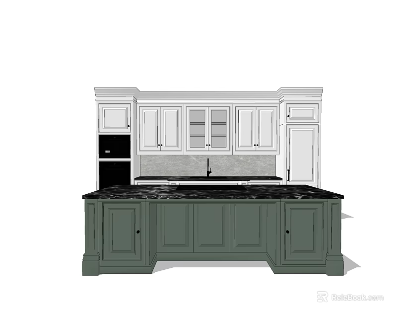 Kitchen With White Upper Cabinets Glass Doors Green Lower Cabinets And Black Countertop 3d model 