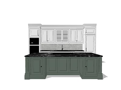 Kitchen With White Upper Cabinets Glass Doors Green Lower Cabinets And Black Countertop 3d model